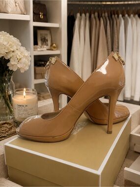 Michael Kors Patent Leather Nude Peep-Toe High Heels with Gold Accent